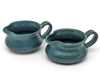 Studio Pottery Creamer Set of 2 Dark Green | Hand Thrown Stoneware Pair | 120 ml Each Ceramic Creamer | Mid Century Style Kitchen Home Decor