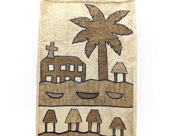 Vintage Handmade Barkcloth Wall Art | Palm Tree and Village Scene Tapestry | Tribal Textile Wall Hanging Decor | Eco-Friendly Natural Fiber