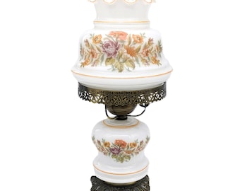 Vintage Classic Lamp 1970s Dero Canada #550 | 3 Way Floral Hurricane Glass Lamp | Gone With The Wind Milk Glass Cross-Stitch Table Top Light