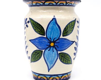 Handmade Viana do Alentejo Floral Vase | Portuguese Terracotta Folk Art Home Decor | Blue Flower Ceramic Urn Collectible Signed Ana Lagarto