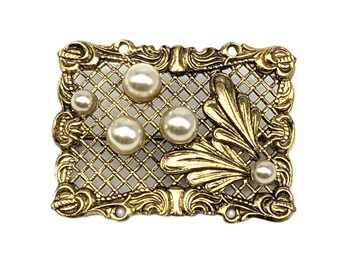 Vintage Gold Tone Filigree Pearl Brooch | Mid Century C Clasp Costume Jewelry | Baroque Art Deco Revival Style Rectangular Pin