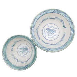 Hand Thrown Bowls Art Pottery Fish in the Sea Dishes Set of 2  |EC Signed Rustic Coastal Mixing Bowls Ceramic Fish Light Blue Green Bowl Set