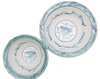Hand Thrown Bowls Art Pottery Fish in the Sea Dishes Set of 2  |EC Signed Rustic Coastal Mixing Bowls Ceramic Fish Light Blue Green Bowl Set