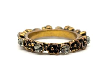 Vintage Brass Rhinestone Eternity Ring | Floral Costume Jewelry, Size 6.75