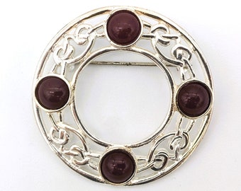 Vintage Large Round Celtic Knot Brooch | Silver and Dark Red Color Pin  | Platinum Silver and 4 Imitation Gemstones Round Brooch