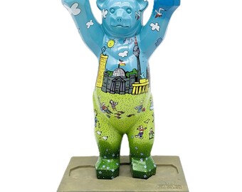 Buddy Bär Berlin Blue Landmark Bear Figurine 9.5 in | Hand-Painted Comic Blue Sculpture with Interlocking Base | German Peace Ambassador