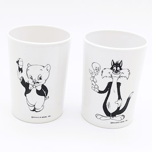 Juego de 2 vasos raros para beber de Looney Tunes, vasos vintage de Porky Pig, Silvester y Tweety, vasos de plástico Warner Bros Lexington en blanco y negro, década de 1980