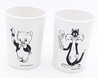 Rare 2 Drinking Cups Set Looney Tunes | Vintage Porky Pig Silvester Tweety Cups |  Warner Bros Lexington Plastic Tumblers White/Black 1980s