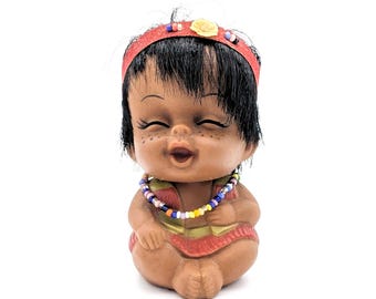 1960s Doll Moody Cuties Happy Indigenous Baby | Vintage Rubber Doll Native Small Laughing Face Toy | Vintage Doll Collectible from Hong Kong