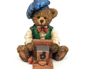 Teddy Bear Figurine Photographer | Hand-Painted Resin 4 in / 10 cm | 1990s