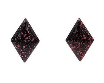 Vintage Stud Earrings Diamond Shape Black and Shiny Red | 1980s  Fun Geometric Post Earrings Lozenge Shape Lightweight | 80s Party Earrings
