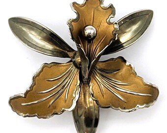 Vintage Flower Brooch Antique Silver Tone Orchid Pin | Retro Large Floral Brooch Orchid |Vintage 3D Copper Old Silver Tone Flower Brooch