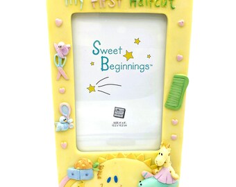 Vintage Picture Frame My First Haircut Baby Gift | Sweet Beginnings by Russ Berrie Yellow Photo Frame for Babies | 3D Ceramic 4x6 Picture