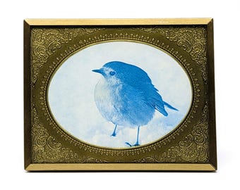 Antique Style Vintage Brass Picture Frame Oval Bird Print | Petite Gilded Metal Photo Frame with Cyanotype Robin Art for Desk Home Decor