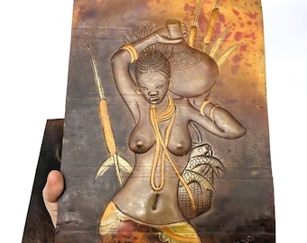 Set of 2 African Copper Plaques | Hand-Hammered Congo Art by JM Sudi | Vintage Repousse Woman & Man Scenes in 3D| Africa Folk Art Home Decor