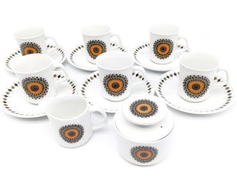 Vintage 1970s J&G Meakin Inca Coffee Set | 6 Cups Saucers Creamer Sugar Bowl by Jessie Tait | Retro Mid Century Mandala Decor Collectible