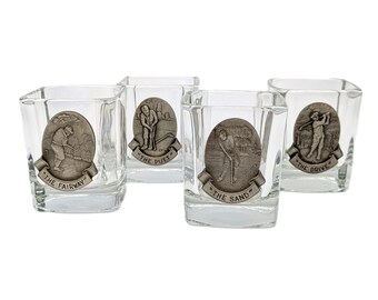 Fort USA Golf Rocks Glasses: Pewter Medallions, 1980s Barware Whiskey Glasses