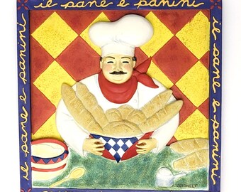 Vintage Chef Wall Plaque by Jennifer Brinley | Hand-Painted Ceramic Italian Kitchen Decor | 1970s Il Pane e Panini Baking  Wall Hanging Art