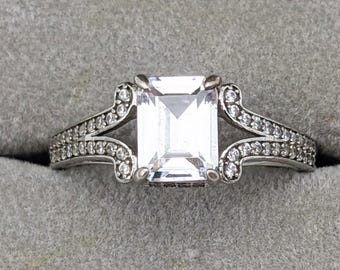 Vintage 925 Sterling Silver Ring Cubic Zirconia With Box | Cut Cubic Zirconia CZ  Cocktail Split Shank Ring Engagement Cocktail Ring Size 9