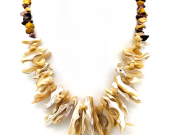 MOP Mother of Pearl Shell And Mookaite Beaded Necklace | Vintage High Luster Sheen Statement Necklace | Gleaming Natural Shell Bib Necklace
