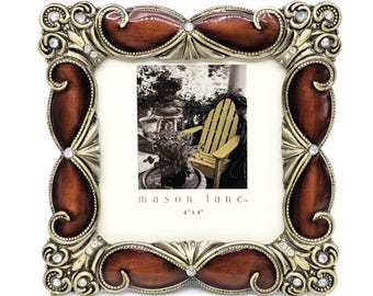 Vintage Enamel Rhinestone Photo Frame Mason Lane | 4x4 Ornate Metal Brown Crystal Accent Picture Frame | 1980s European Style Home Decor