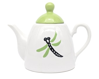 Whimsical Dragonfly Ceramic Teapot |Green & White Vintage Cute Tea Pot | Hand Painted 24 oz Teapot for Tea Lovers| Unique Teapot Gift Décor