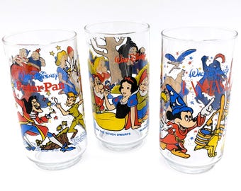 Vintage 1994 Walt Disney Glass Set Peter Pan Snow White Fantasia Collector Glasses Mint Condition Perfect for Gifts or Disney Collectors