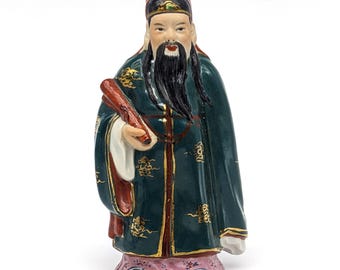Vintage 1970s Chinese Porcelain Fu Xing Figurine Sanxing God of Good Fortune and Happiness | 5.38in H Feng Shui Home Decor | Rare Unique