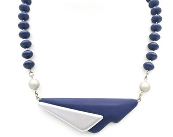 1980s Pendant Necklace Blue and Silver | Vintage Bib Necklace Art Deco Revival Geometric | Modernist Beaded Necklace Elegant