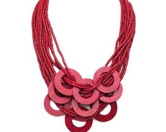 Bold Red Layered Beaded Wood Necklace | 80s Chunky Statement Bib Necklace | Vintage Handmade Adjustable Boho  Red Rings Necklace