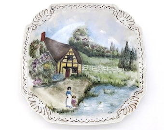 Hand Painted Cottage Scene Plate | Gertie Warbrick 2001 | Bucolic Lake Ducks Art Wall Plate | Canadian Art Vintage Display Plate Home Decor