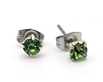 Vintage Tiny Stud Earrings Green Rhinestone | Multiple Piercings Emerald Crystal | Delicate Stackable Jewelry Silver Tone | Push Back Safety