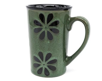 Vintage Mug Pfaltzgraff Flower Stoneware| Green & Black Floral 16oz Coffee Tea Cup| Rare Speckled Pottery Kitchen Deco Collectible Large Mug