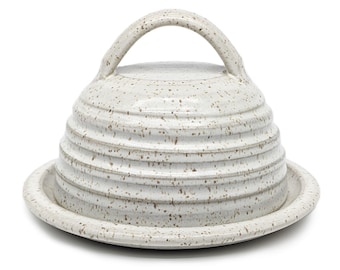 Vintage Speckled Stoneware Cheese Dome & Plate | Signed Studio Pottery Butter Dish| Mid Century Farmhouse Kitchen Decor | Cottagecore Cloche