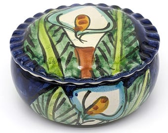 Ceramic Jewelry Trinket Box Mexican Talavera  | Vintage Handmade Lily Flower Design | Cobalt Blue Folk Art Keepsake Storage Box Home Decor