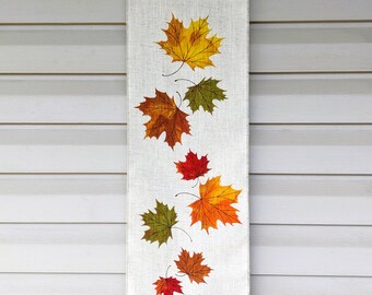Vintage Wall Hanging Decor 1970s Hand Silk Screened Linen Maple Leaf Autumn Fall Wall Art Rare Find Thanksgiving Halloween Fabric to Hang