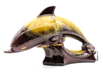 Dolphin Figurine Blue Mountain Pottery  | 1970s Harvest Gold Brown Drip Glaze Dolphin Ceramic Statue | Retro MCM Animal Sculpture 12.5" Wide