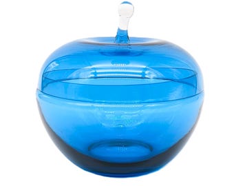 Vintage Blue Glass Apple Jar Candy Dish | Art Glass Storage Jar with Lid | Home Decor Accent Collectible Candy Dish | Retro Kitchen Display
