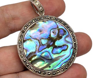 Pendant Sterling Silver New Zealand Paua Abalone 1.5in/3.8cm Round | Marcasite Halo Vintage