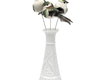 Vintage Anchor Hocking Milk Glass Bud Vase 6" | Mid Century Modern Scalloped Fluted Stars Bars | Set with 3 Handmade Feather Bird Picks
