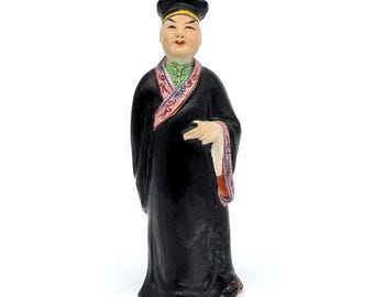 Chinese Scholar Figurine Porcelain Black Robe | 4in / 10cm Mid-Century | Pink-Trim Cap