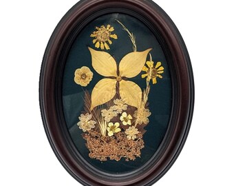Vintage Pressed Flower Art Oval Frame | Real Dried Flowers Canadian Floral Decor | Dark Wood Frame Conservation Glass Dried Pressed Flowers