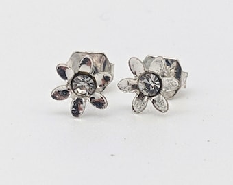 Vintage Tiny Stud Flower Earrings | Silver Tone Rhinestone Daisy Flower Little Pole Earrings | Cute Pole Earrings Child and Adult