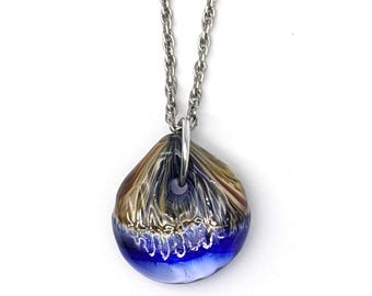 Blue Brown Murano Style Glass Drop Pendant Necklace | Handblown Italian Inspired Jewelry | Silver Tone Rope Chain | Vintage Elegance