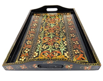 Hand Painted Swati Floral Serving Tray | Vibrant Pakistani Wooden Art Tray | Vintage Decorative Coffee Table Tray Folk Art | Pakistan Decor