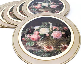 1960s Vintage Round Rose Basket Placemats| Set of 6 Pink White Floral Placemats| Retro Pimpernel England MCM Dining Decor Kitchen Table Mats