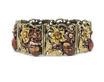 Vintage Floral Rhinestone Cuff Bracelet | Brown Teardrop Crystal & Floral Butterflies Filigree Cuff | Antique Gold Tone Boho Jewelry