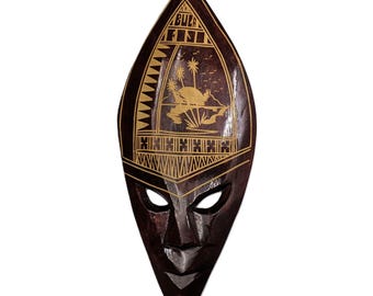 Vintage Hand Carved Fiji Wooden Mask | 16" Tribal Art Decor | Rustic Mask Dark Wood | Pacific Island Ethnic Wall Hanging | Tiki Style Mask