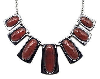 Vintage Art Deco Carnelian Stone Modernist Bib Necklace | Gunmetal Black & Dark Red Statement Jewelry | Unique 80s Pendants Necklace