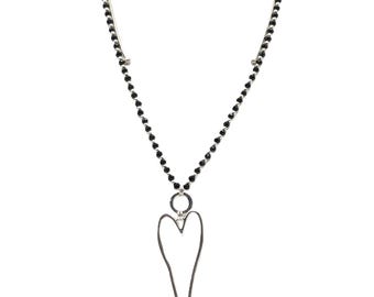 Adjustable Heart Pendant Necklace | Black & Silver Beaded Necklace | Vintage Boho Chic Necklace Versatile Length Jewelry with Sliding Snap